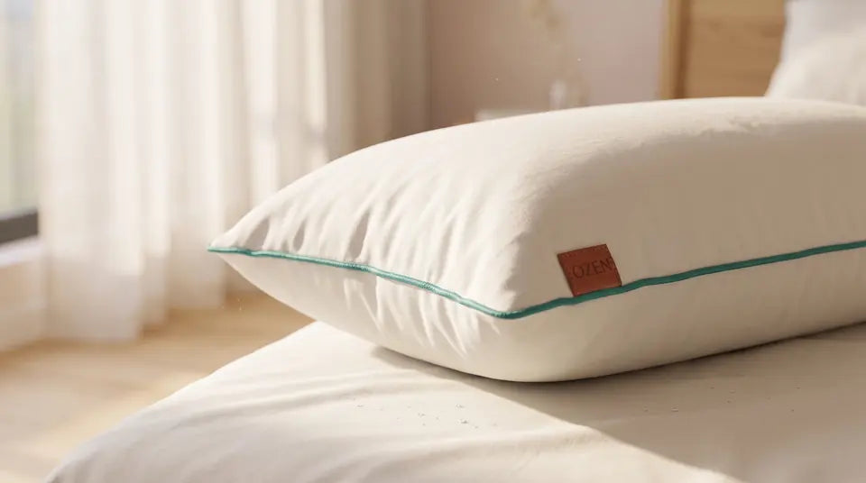 Almohada OZEN blanca con vivo verdigris junto a una cortina de lino