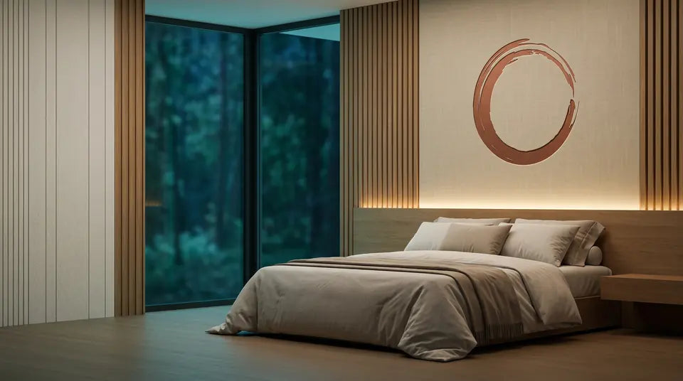 Dormitorio con cama tendida con textiles OZEN y luz cálida