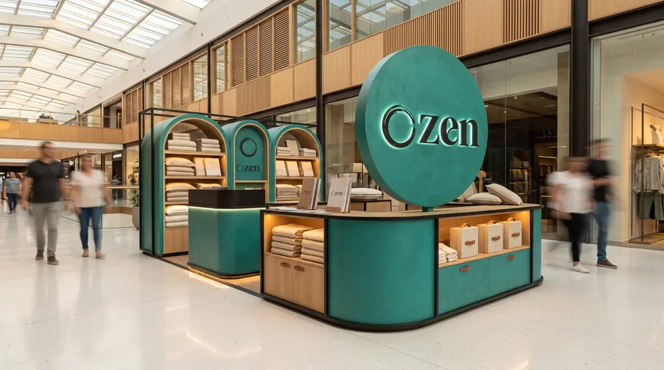 Punto de venta OZEN con estanterías de textiles doblados