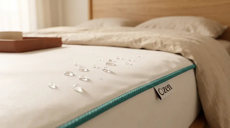 Juego de sábanas OZEN en algodón crema, tendido sobre una cama